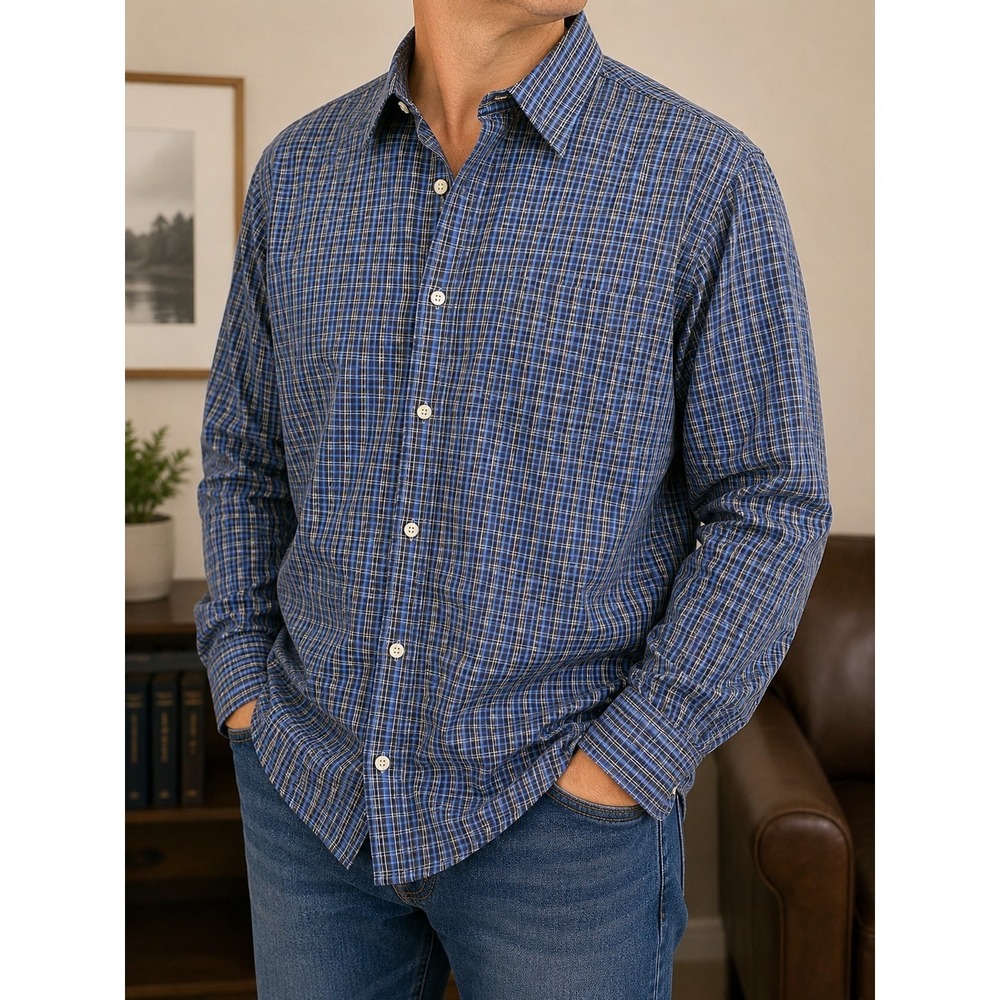 Salute Oleg Cassini Men's XXL Blue Plaid 100% Cotton Button Front Dress Shirt